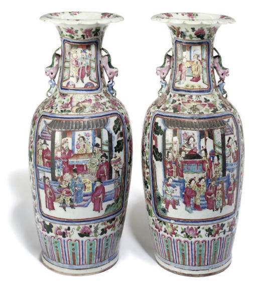 A Pair of Cantonese famille rose baluster vases
