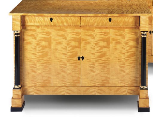 A PAIR OF SATIN BIRCH AND EBONISED SIDE CABINETS