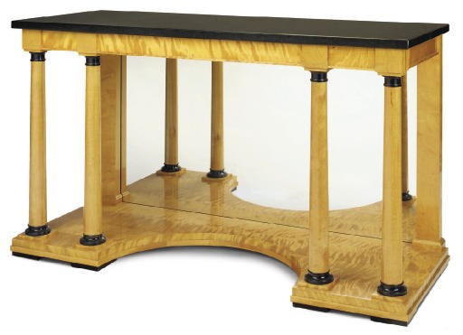 A SATIN BIRCH AND EBONISED CONSOLE TABLE