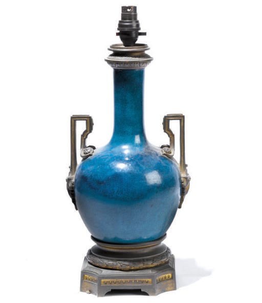 A FRENCH GILT-BRONZE MOUNTED GLAZED CERAMIC TABLE LAMP