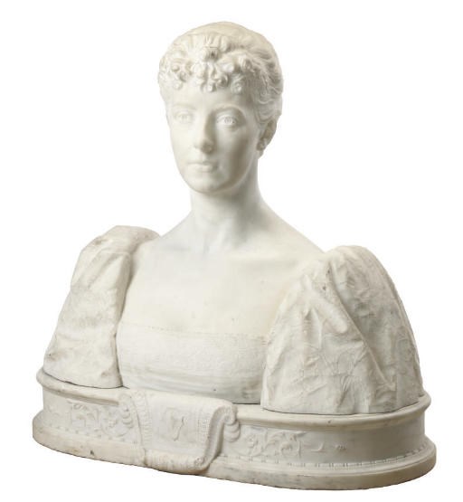 A LARGE FRENCH SCULPTED WHITE MARBLE BUST OF A LADY