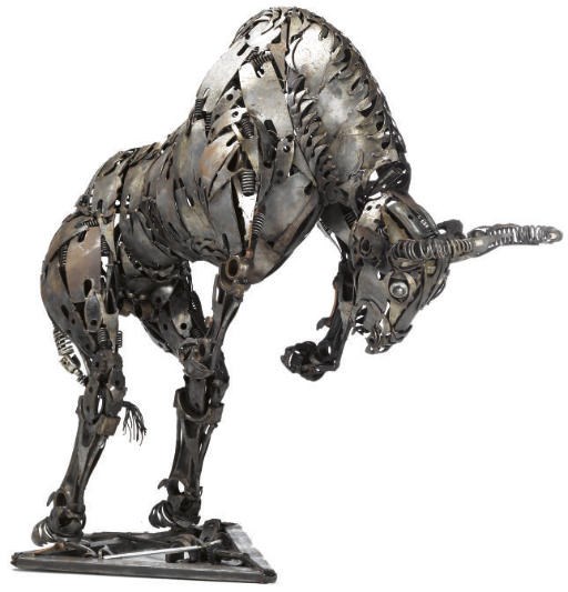 AN INDIAN METAL ABSTRACT MODEL OF A REARING BULL