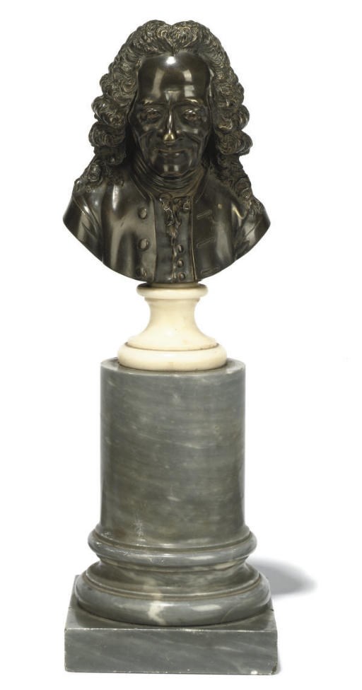 A FRENCH BRONZE BUST OF VOLTAIRE
