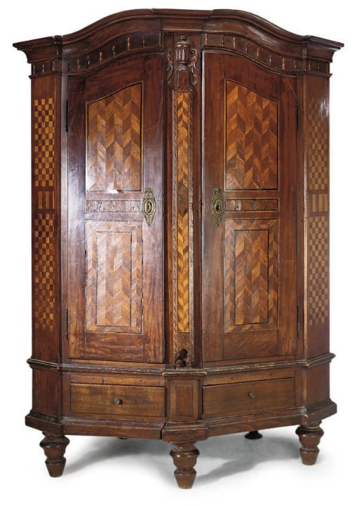 A SOUTH GERMAN WALNUT AND PARQUETRY CUPBOARD