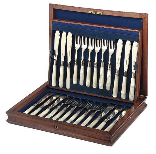 A CASED SET OF 12 PAIRS OF SILVER FISH KNIVES & FORKS WITH MOTHER-O'-PEARL HANDLES,