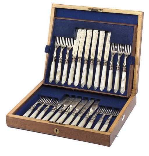 A MATCHED CASED SET OF 12 PAIRS OF VICTORIAN SILVER FISH KNIVES & FORKS WITH MOTHER-O'-PEARL HANDLES,