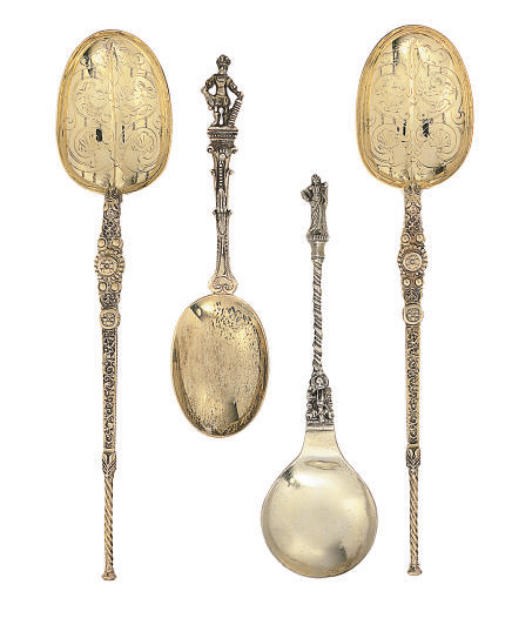 A SET OF SIX DUTCH SILVER-GILT FIGURAL-END SPOONS IN 17TH CENTURY STYLE,