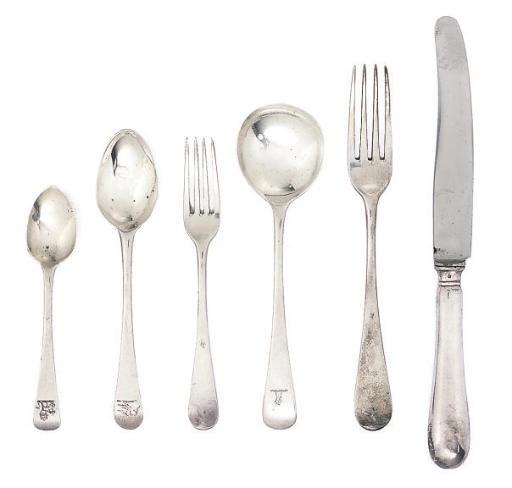 A COMPOSITE SILVER PART TABLE SERVICE OF OLD ENGLISH PATTERN,