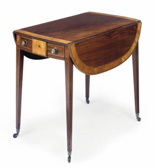 A GEORGE III MAHOGANY AND SATINWOOD CROSSBANDED PEMBROKE TABLE