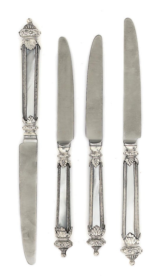 A MODERN SET OF SILVER-MOUNTED MOTHER-O'-PEARL HANDLED KNIVES,