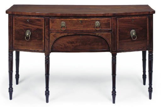 A REGENCY MAHOGANY AND SATINWOOD CROSSBANDED BOWFRONT SIDEBOARD