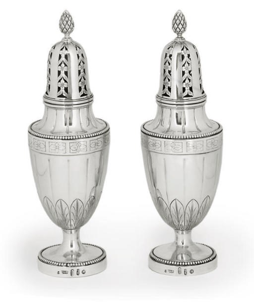 A LARGE PAIR OF DUTCH SILVER SUGAR CASTERS IN THE LATE 18TH CENTURY STYLE,