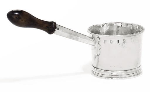 A QUEEN ANNE SILVER BRANDY SAUCEPAN,