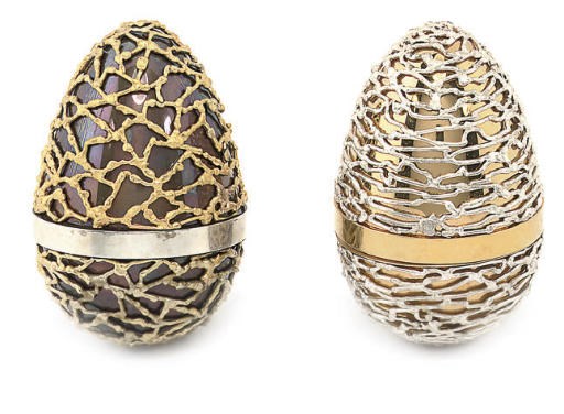 TWO MODERN PARCEL-GILT SILVER NOVELTY EASTER EGGS,