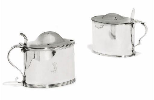 A GEORGE III PLAIN OVAL SILVER MUSTARD POT,