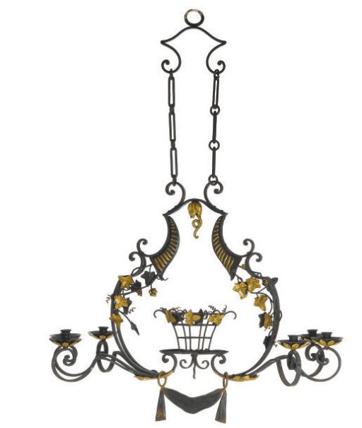 A FRENCH GILT AND BLACK LACQUERED TÔLE SIX-LIGHT CHANDELIER