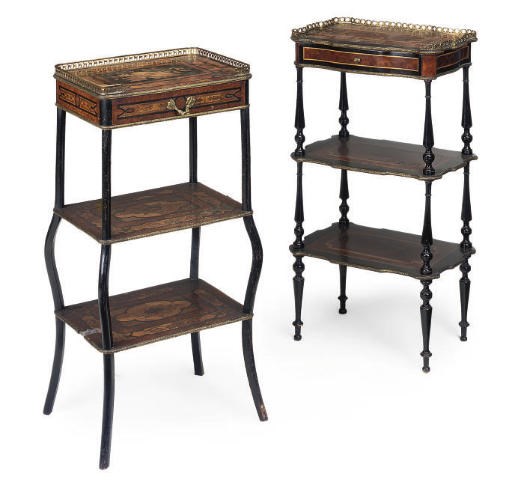 A NAPOLEON III EBONISED AND AMBOYNA THREE TIER ETAGERE