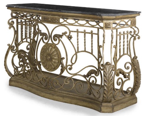 A BLACK FOSSIL MARBLE MOUNTED WROUGHT IRON AND COMPOSITE CONSOLE TABLE