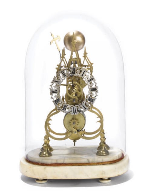 A Victorian brass eight-day skeleton timepiece