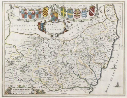 [BLAEU, Johannes (1596-1673)].  Suffolcia Vernacule Suffolke. [Amsterdam: c.1645]. Hand-coloured engraved map of Suffolk, title in armorial cartouche, coats-of-arms, galleons, 380 x 495mm., framed and glazed. With John Speed's Buckingham ([London], Bassett & Chiswell, 1666 [or later], uncoloured engraved map, framed and glazed).	 (2)