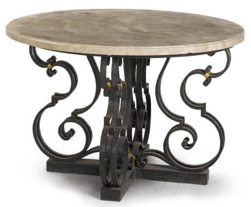 A POLISHED LIMESTONE MOUNTED WROUGHT-IRON PEDESTAL TABLE