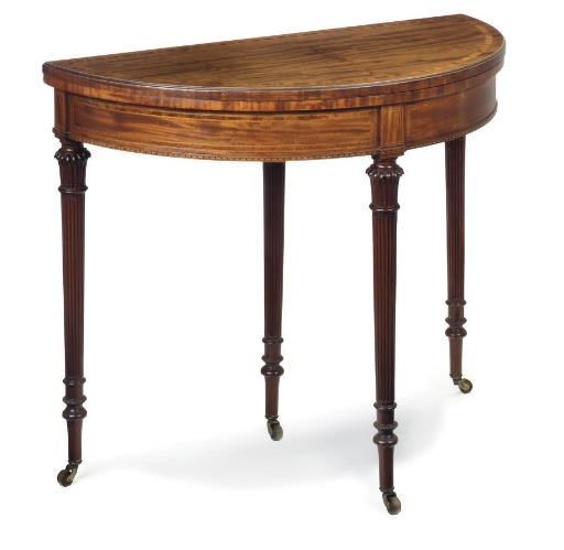 A MAHOGANY, BEECH AND SATINWOOD CROSSBANDED DEMI LUNE CARD TABLE