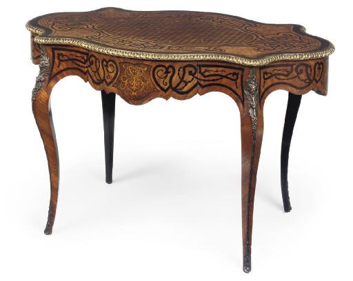 A FRENCH GILT METAL MOUNTED MARQUETRY CENTRE TABLE