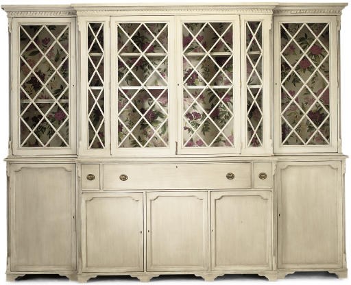 A GREY PAINTED BREAKFRONT BOOKCASE
