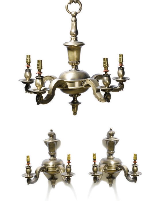 A SILVERED BRONZE FIVE-LIGHT CHANDELIER AND FIVE TWIN-LIGHT WALL APPLIQUES