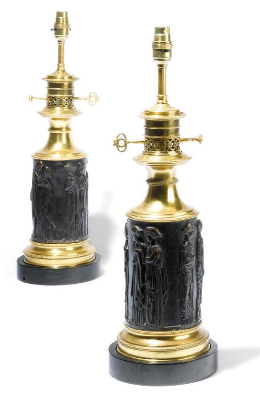 A PAIR OF BRONZE PATINATED ELECTROTYPE AND GILT-METAL MOUNTED TABLE LAMPS