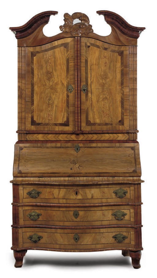 A GERMAN WALNUT, FRUITWOOD AND MARQUETRY BUREAU CABINET