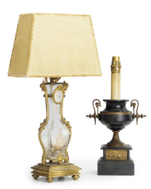 A PAIR OF FRENCH GILT-BRONZE MOUNTED GLASS TABLE LAMPS