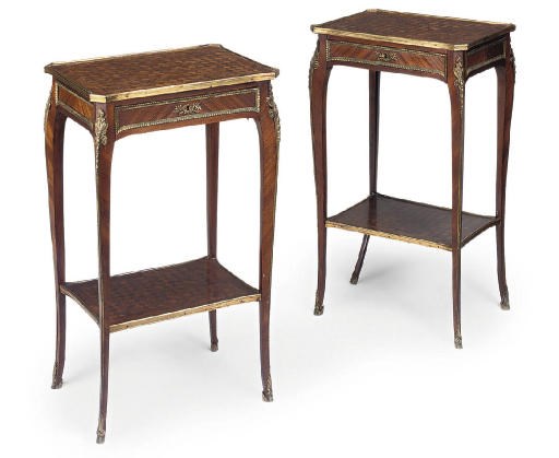 A PAIR OF FRENCH GILT METAL MOUNTED KINGWOOD PARQUETRY OCCASIONAL TABLES