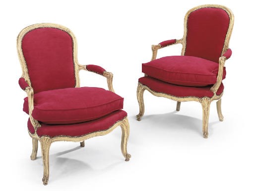 A PAIR OF LOUIS XV CREAM PAINTED FAUTEUILS