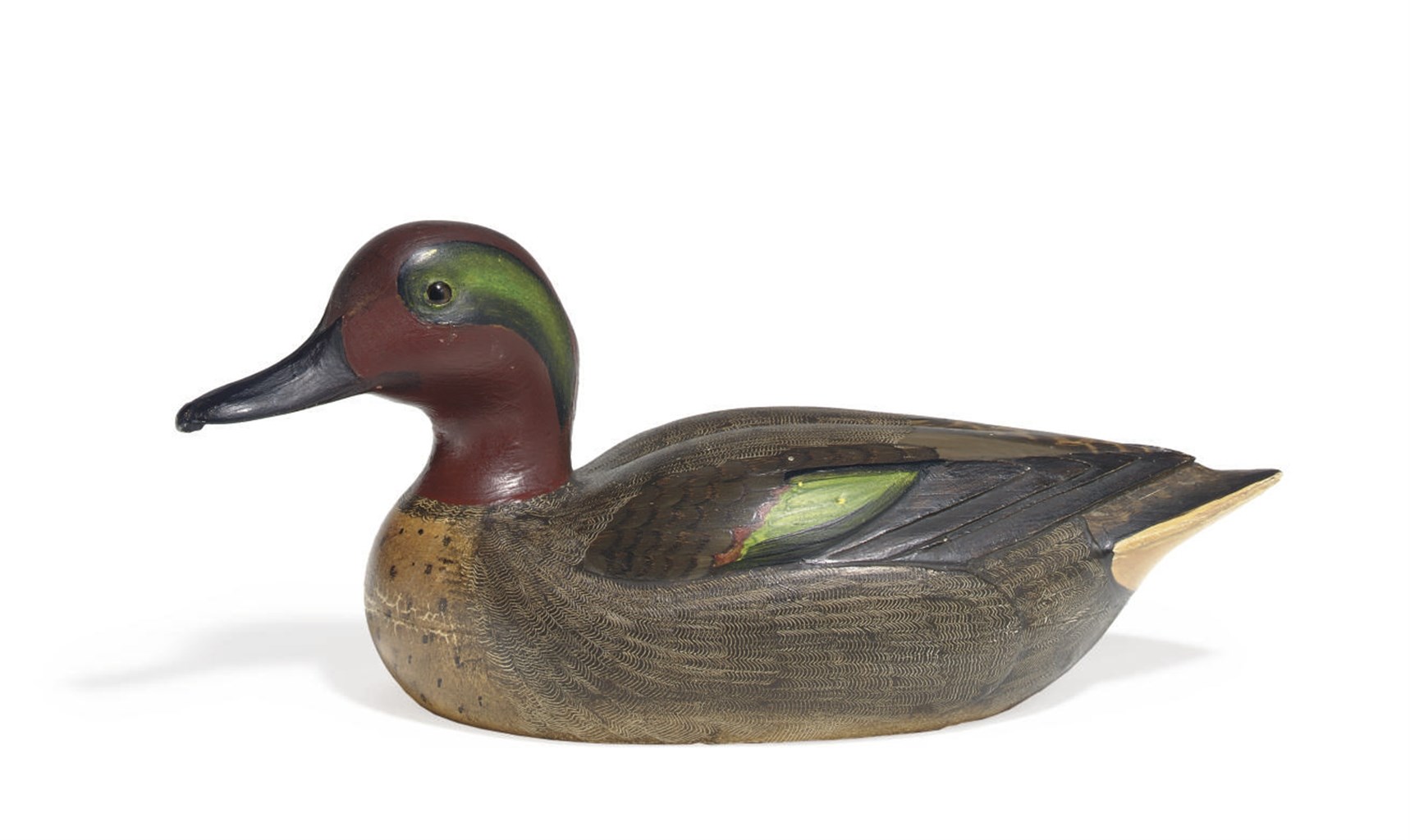 A DECORATIVE GREEN WING TEAL DRAKE