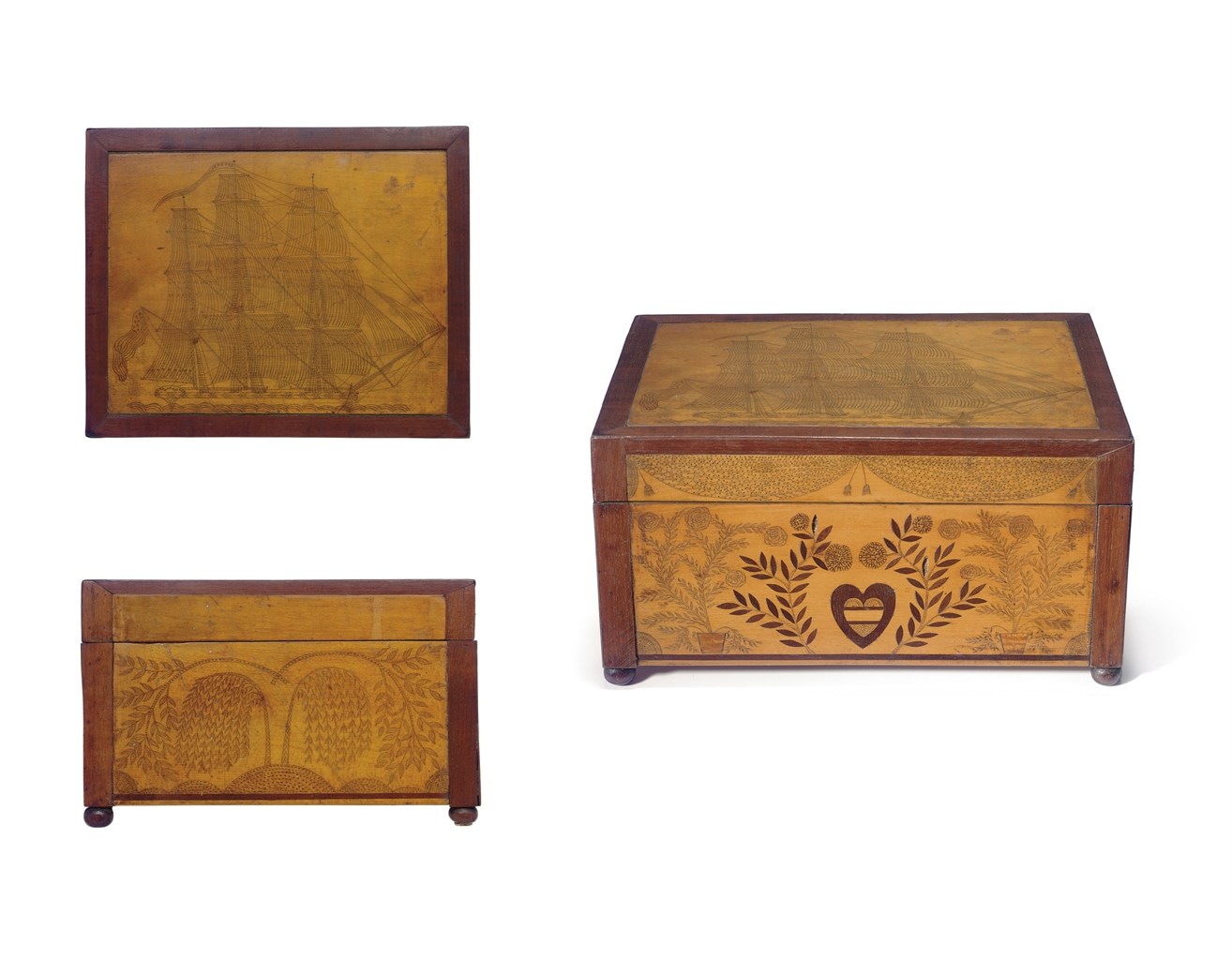 AN ENGRAVED AND INLAID MAHOGANY AND SATINWOOD WORK BOX