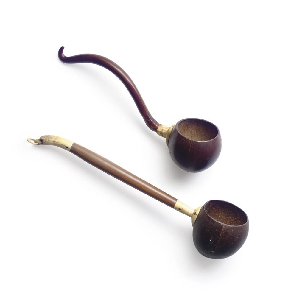 A PAIR OF COCONUT, MAHOGANY AND IVORY LADLES