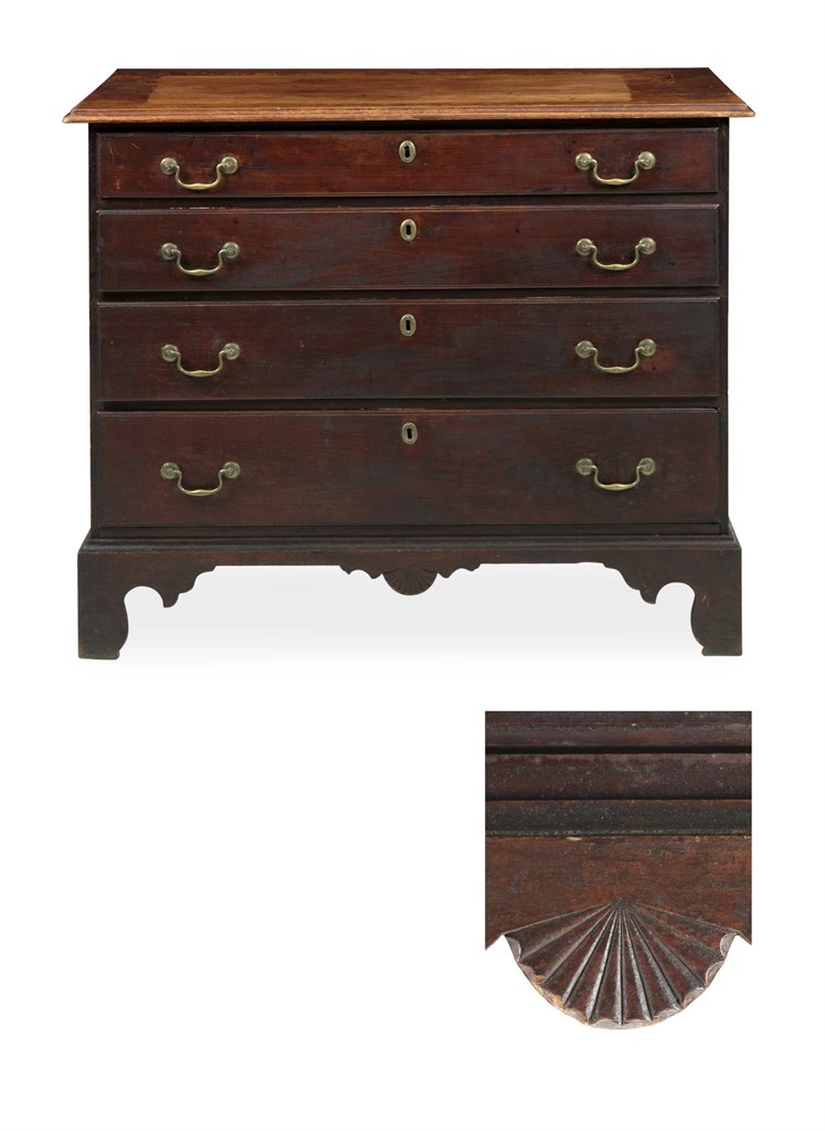 A CHIPPENDALE CHERRY WOOD CHEST OF DRAWERS