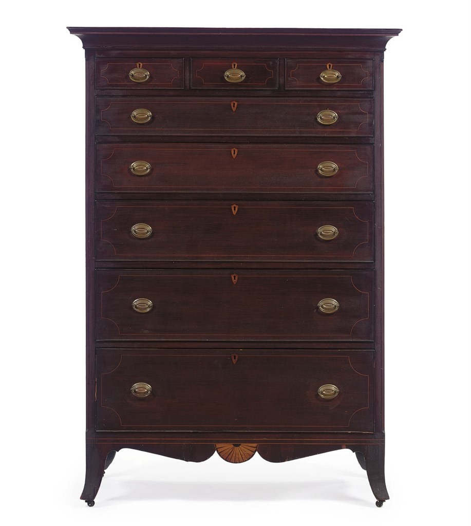 A FEDERAL INLAID MAHOGANY TALL CHEST-OF-DRAWERS