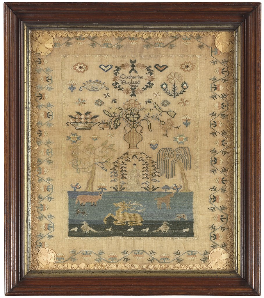 A SILK ON LINEN NEEDLEWORK SAMPLER