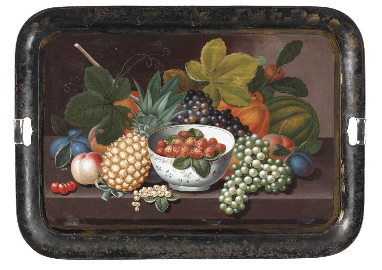 A PAINTED AND STENCILLED TIN TRAY