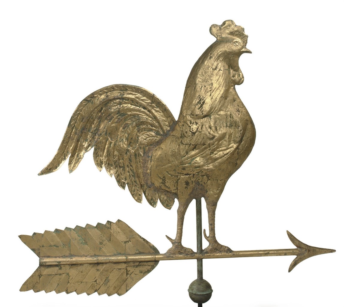 A GILT COPPER ROOSTER AND ARROW WEATHERVANE