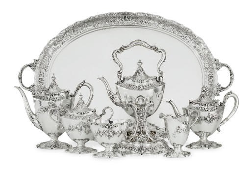 A SILVER SIX-PIECE TEA AND COFFEE SERVICE WITH TRAY**