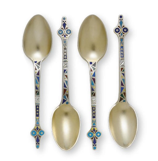 A GROUP OF SILVER-GILT AND ENAMEL COFFEE SPOONS
