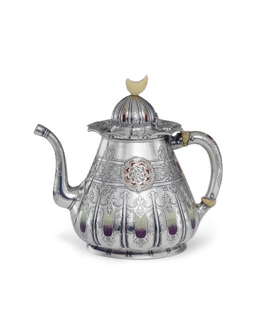 AN IMPORTANT SILVER AND ENAMEL TEAPOT**