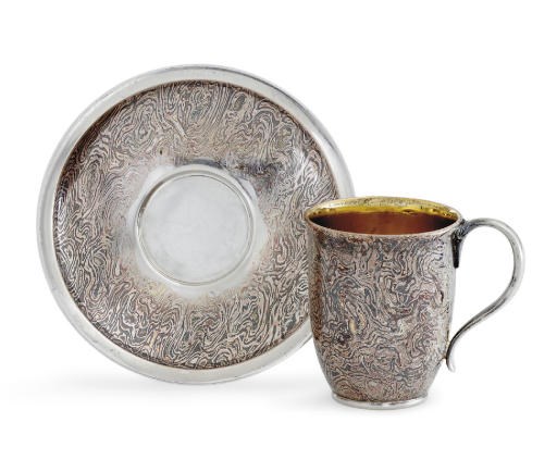 A RARE MOKUME AND SILVER CUP AND SAUCER