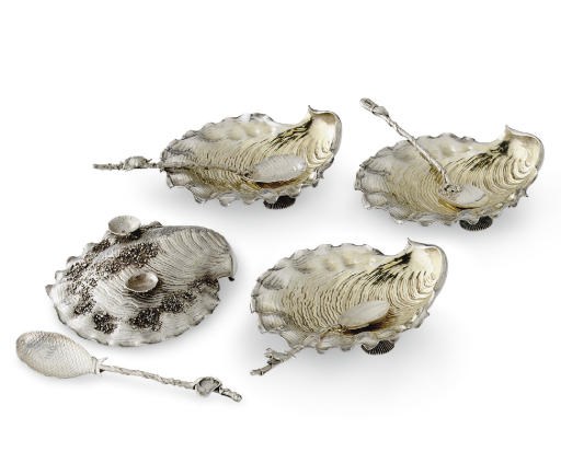 A SET OF FOUR SILVER SHELL-FORM DISHES WITH SILVER SPOONS
