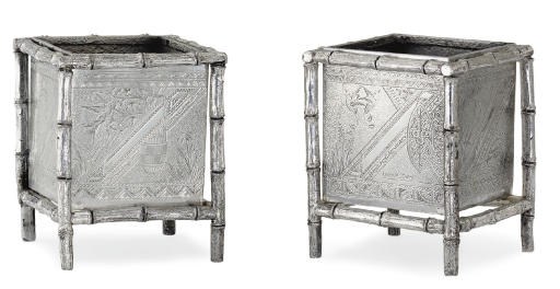 A PAIR OF SILVER-PLATED SQUARE POTS