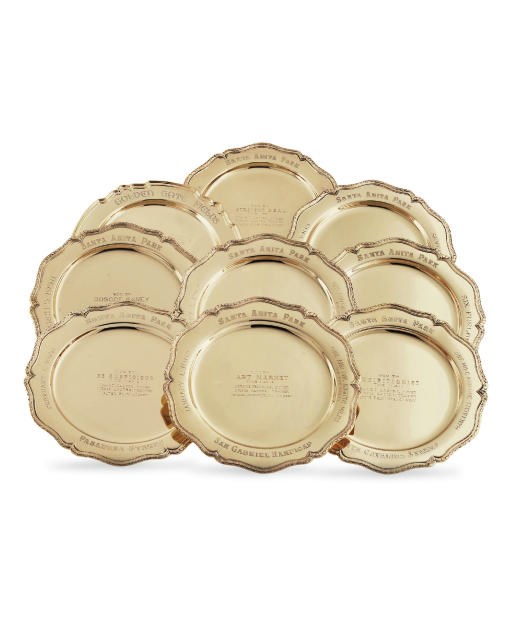 A GROUP OF EIGHT GOLD TROPHY PLATES: SANTA ANITA PARK