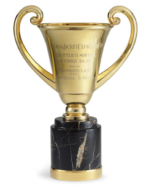 A GOLD TROPHY CUP: THE PIMLICO SPECIAL, WON BY PROMISED LAND